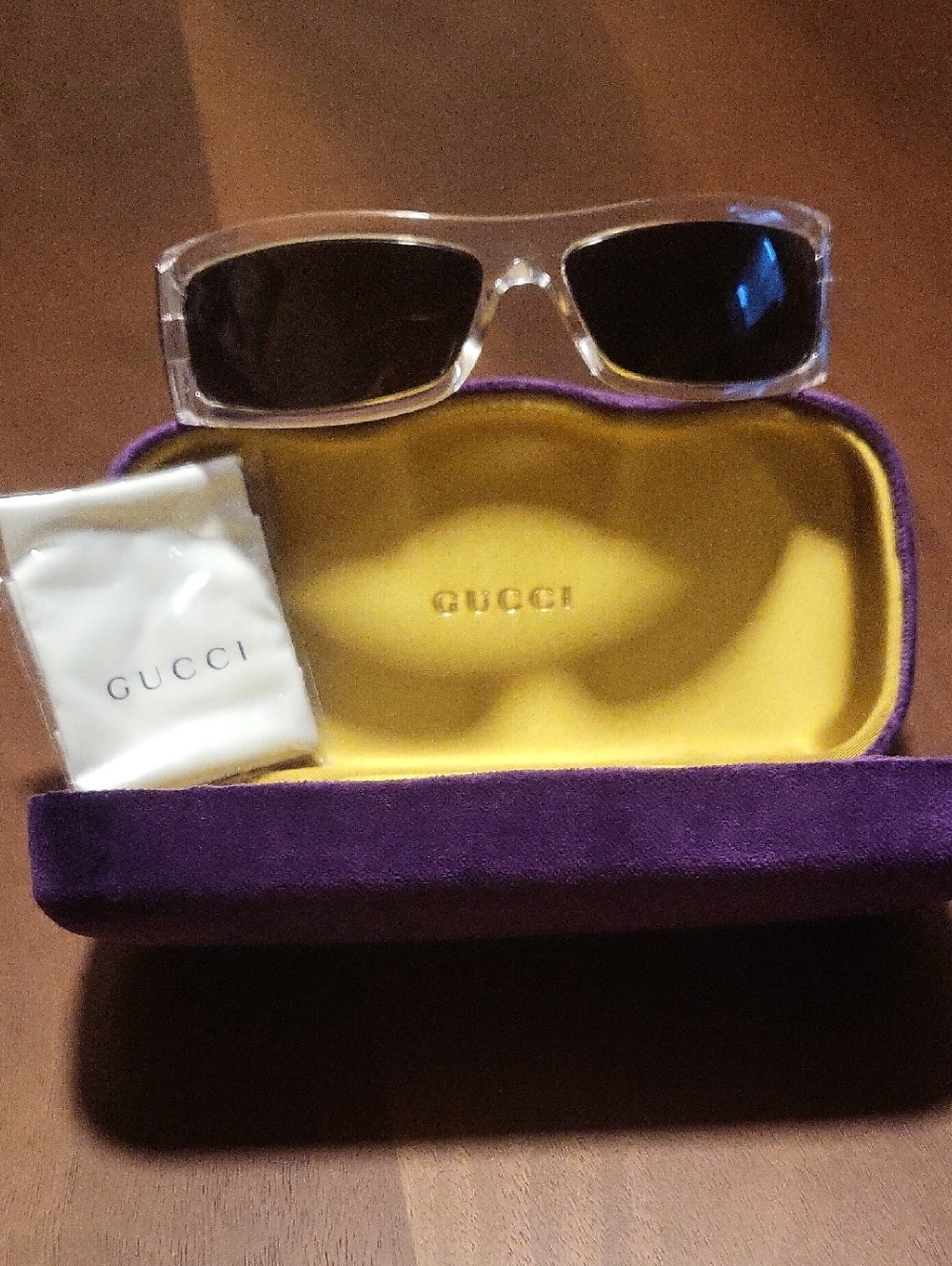 Gucci Clear Frame Sunglasses with Black Lenses and Purple Velvet Case